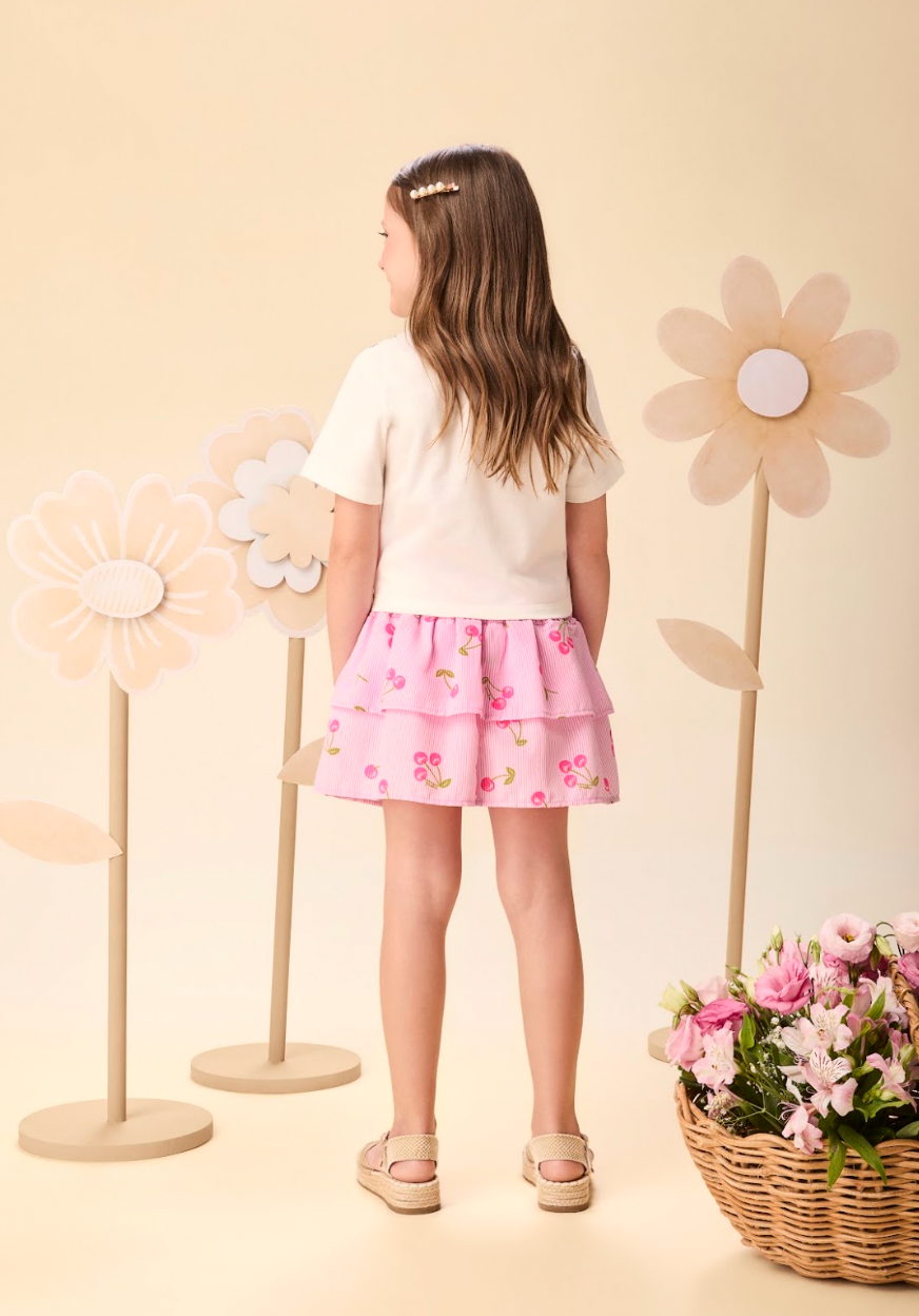 Conjunto Infantil Blusa Cerejas e Saia Franzida Babados Em Camadas - Momi