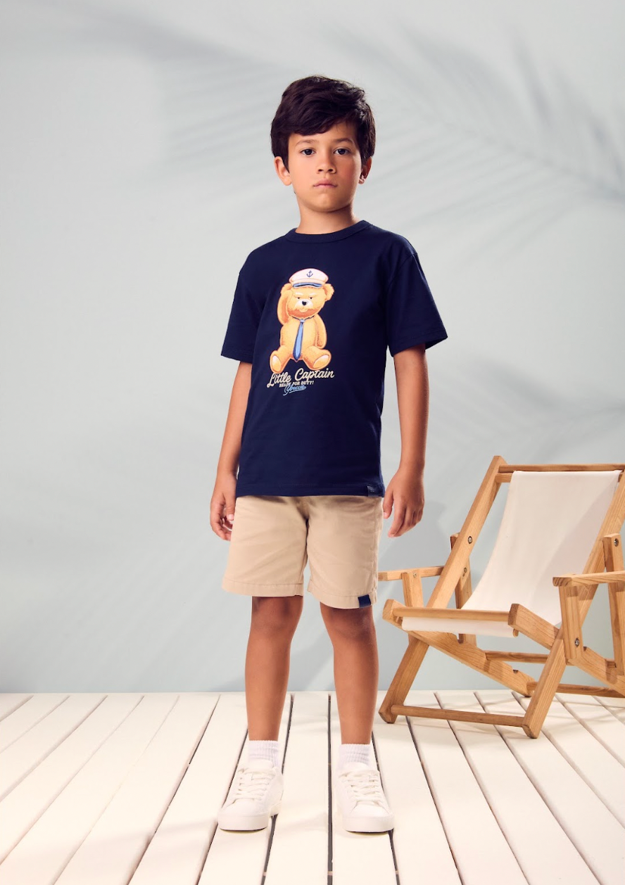 Conjunto Infantil T - Shirt Little Bear e Bermuda Azul Marinho - Youccie