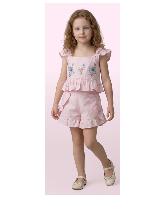 Conjunto Infantil Rosa Blusa Bordado Flores e Shorts Com Babadinho - Luluzinha