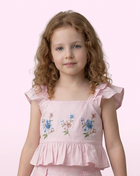 Conjunto Infantil Rosa Blusa Bordado Flores e Shorts Com Babadinho - Luluzinha