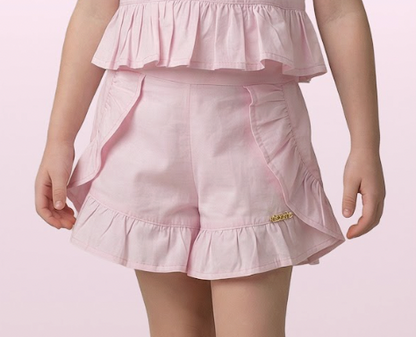 Conjunto Infantil Rosa Blusa Bordado Flores e Shorts Com Babadinho - Luluzinha