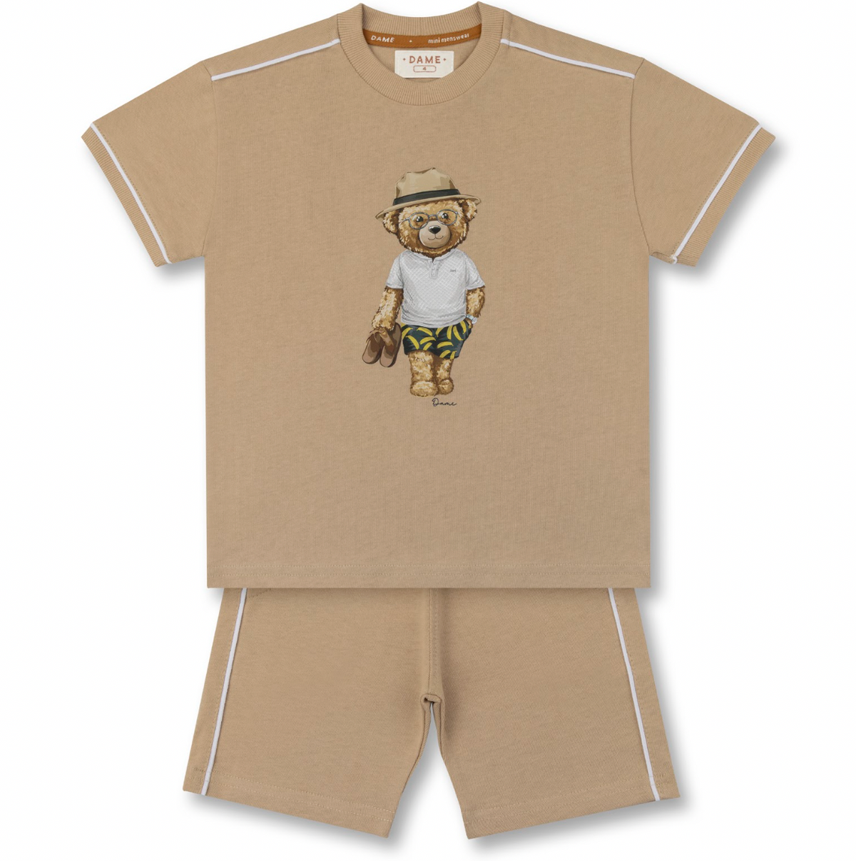 Conjunto Infantil Camiseta Teddy Bananas e Bermuda Bege - Dame