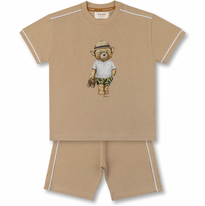 Conjunto Infantil Camiseta Teddy Bananas e Bermuda Bege - Dame