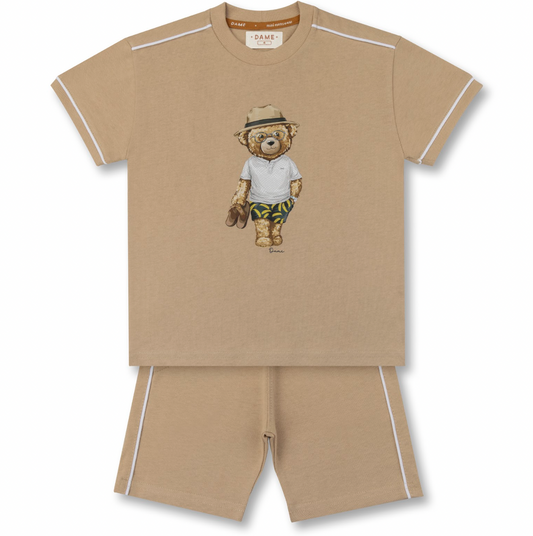 Conjunto Infantil Camiseta Teddy Bananas e Bermuda Bege - Dame