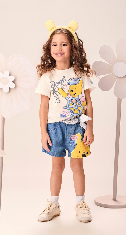 Conjunto Infantil Blusa Pooh Marinheiro e Short  Jeans Ursinho Pooh - Momi