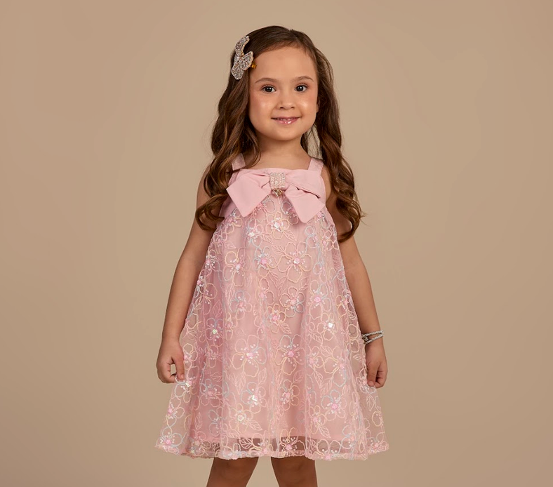 Vestido Infantil Alça em Tule Bordado de Flores Candy Laço Frontal Rosa - Gabriela Aquarela