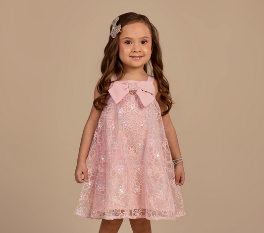 Vestido Infantil Alça em Tule Bordado de Flores Candy Laço Frontal Rosa - Gabriela Aquarela