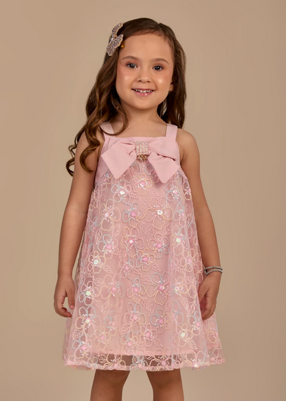 Vestido Infantil Alça em Tule Bordado de Flores Candy Laço Frontal Rosa - Gabriela Aquarela
