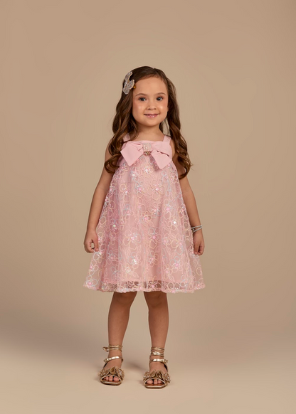 Vestido Infantil Alça em Tule Bordado de Flores Candy Laço Frontal Rosa - Gabriela Aquarela