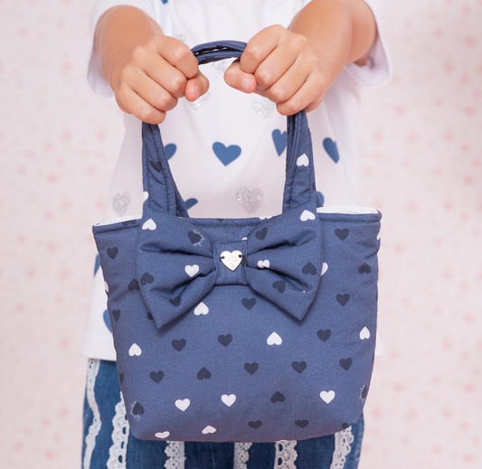 Bolsa Infantil Azul Marinhos Estampa de Corações e Laço Puffer - Pituchinhus
