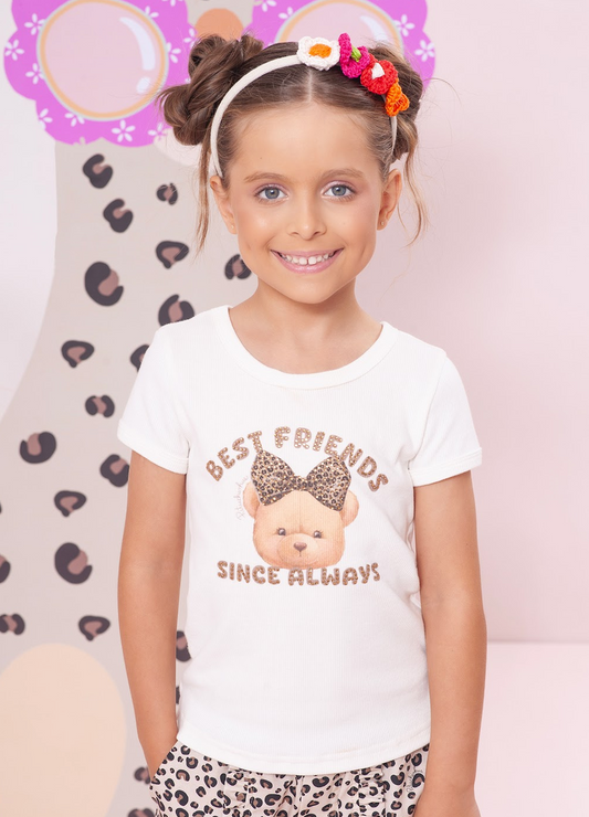 Conjunto Infantil  Blusa Off White Estampa de Ursinha com Strass Calça Ballon Algodão Estampa de Oncinha Babadinhos - Pi