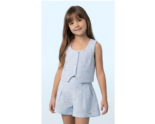 Conjunto Infantil Azul Alfaiataria Blusa e Short Frente com Strass - Luluzinha