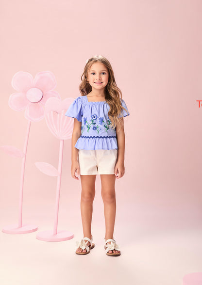 Conjunto Infantil Bata Ombro à Ombro Bordado Floral e Shorts Cós Elástico - Momi