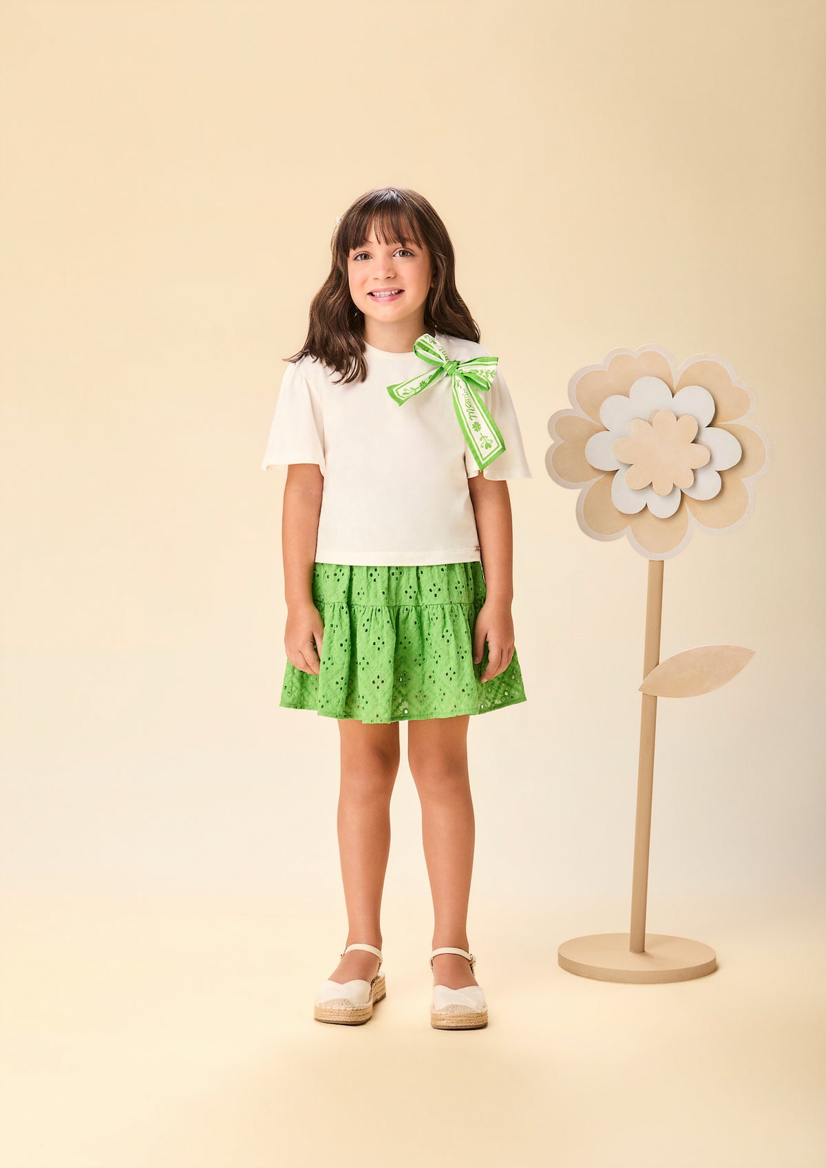 Conjunto Infantil Blusa Laço Estampado e Saia Bordado Verde - Momi