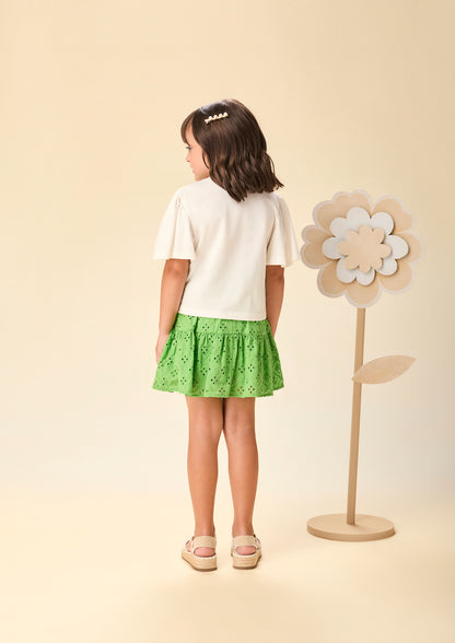 Conjunto Infantil Blusa Laço Estampado e Saia Bordado Verde - Momi