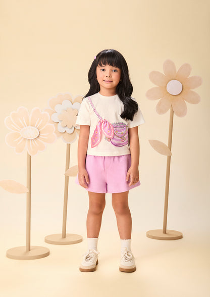 Conjunto Infantil Blusa Estampa Bolsa Transversal e Shorts Cós Elástico Franzido- Momi