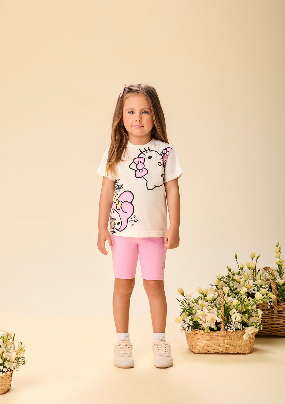 Conjunto Infantil Blusa Hello Kitty e My Melody e Shorts Legging Ciclista Rosa - Momi