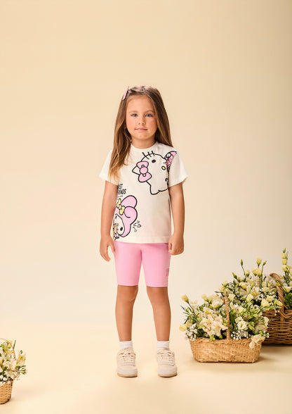 Conjunto Infantil Blusa Hello Kitty e My Melody e Shorts Legging Ciclista Rosa - Momi