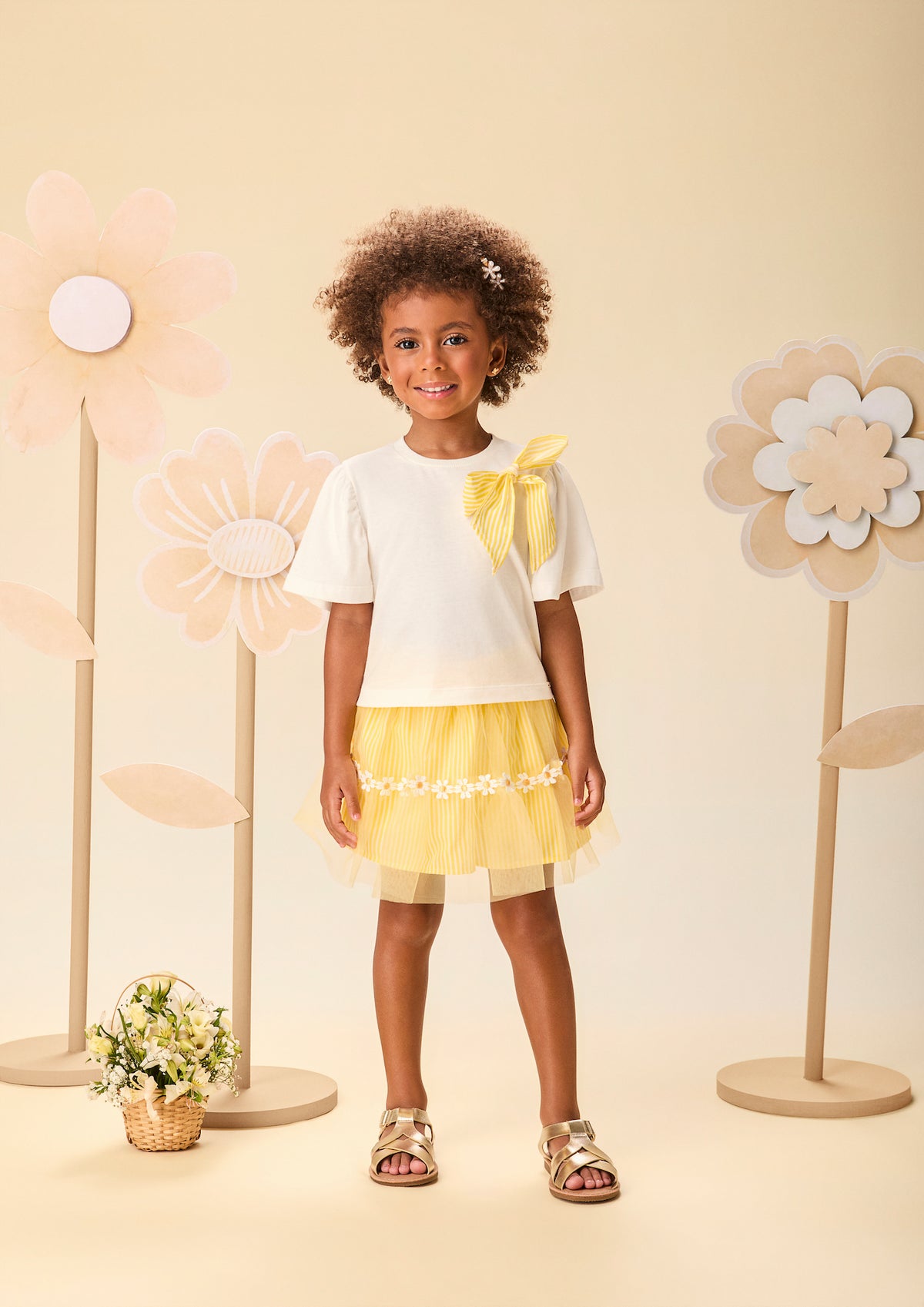 Conjunto Infantil Blusa Laço e Saia Listrada Com Aplicação de Flores - Momi