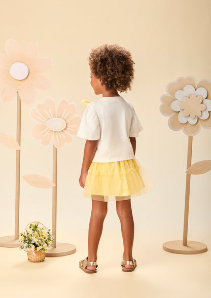 Conjunto Infantil Blusa Laço e Saia Listrada Com Aplicação de Flores - Momi
