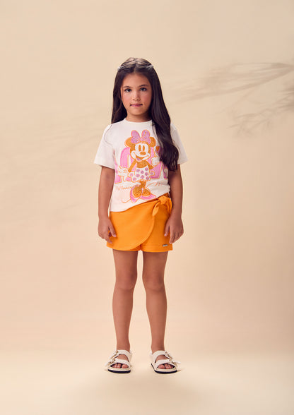Conjunto Infantil Blusa Minnie Love e Shorts Saia Laranja Com Sobreposição - Animê