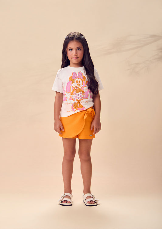 Conjunto Infantil Blusa Minnie Love e Shorts Saia Laranja Com Sobreposição - Animê - Pré Venda