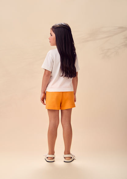 Conjunto Infantil Blusa Minnie Love e Shorts Saia Laranja Com Sobreposição - Animê