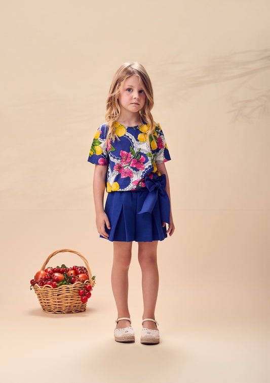 Conjunto Infantil Blusa Estampa Primavera Floral e Limões e Shorts Laço - Animê - Pré Venda