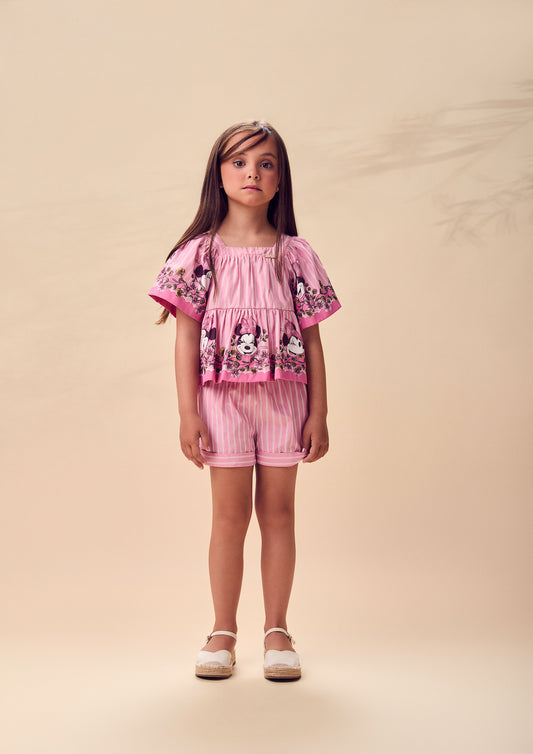 Conjunto Infantil Rosa Listrado Blusa Minnie Floral e Shorts - Animê