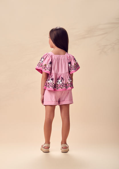 Conjunto Infantil Rosa Listrado Blusa Minnie Floral e Shorts - Animê