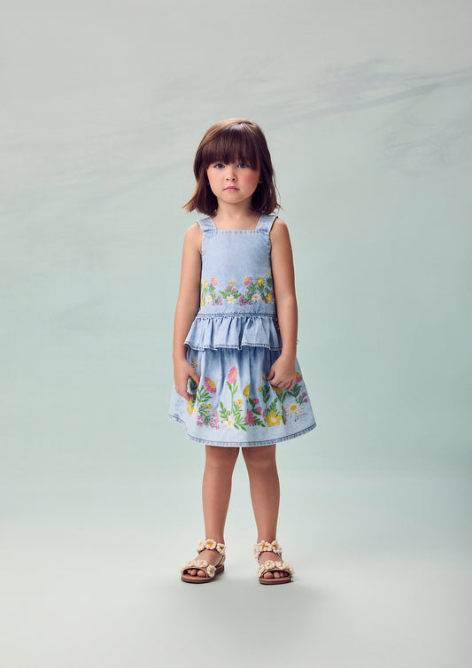 Conjunto Infantil Jeans Blusa Bordado Floral e Shorts Saia - Animê - Pré Venda