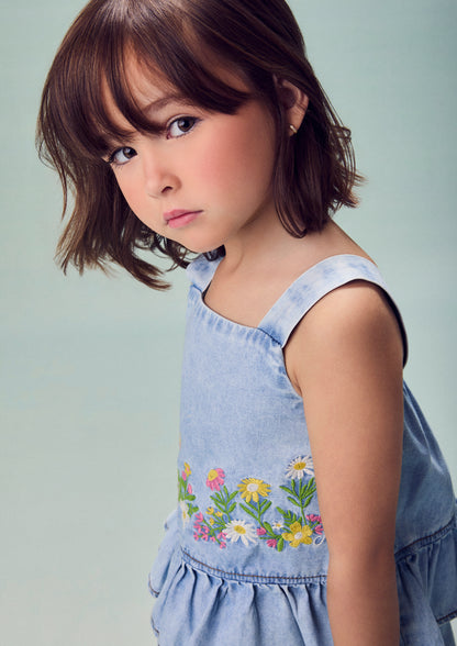 Conjunto Infantil Jeans Blusa Bordado Floral e Shorts Saia - Animê