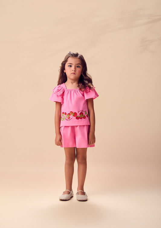 Conjunto Infantil Blusa Mangas Amplas Estampa Tomates e Shorts Saia Rosa - Animê