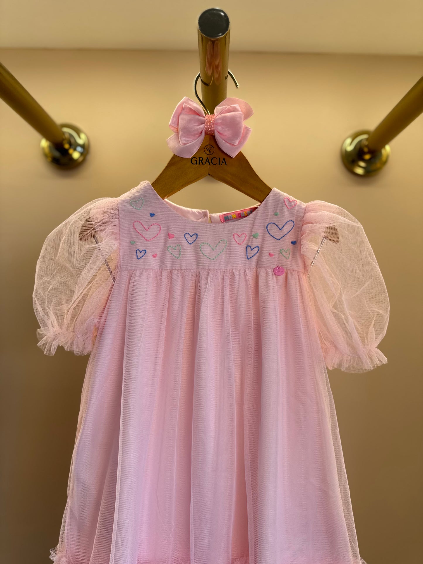 Vestido Infantil Trapézio Busto Bordado Corações Rosa - Mon Sucré
