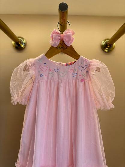 Vestido Infantil Trapézio Busto Bordado Corações Rosa - Mon Sucré