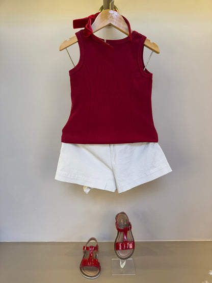 Conjunto Infantil Blusa Maxi Laço Veludo Bordados Bala de Cereja e Shorts-saia Sarja Babadinho Bege - Pituchinhus