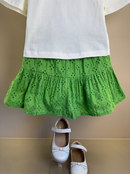 Conjunto Infantil Blusa Laço Estampado e Saia Bordado Verde - Momi