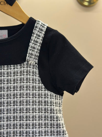 Vestido Infantil MC Sobreposição Tweed Xadrez Preto - Momi