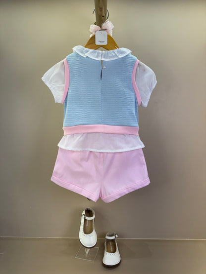 Conjunto Infantil Saia Short Pouple Ursinhos E Blusa Tricot Rosa - Gabriela Aquarela