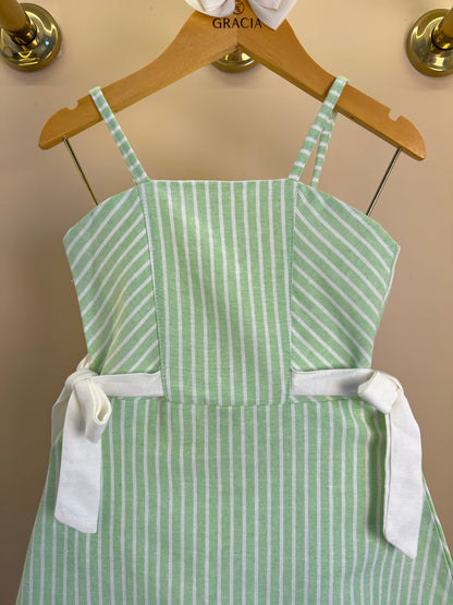 Vestido Infantil Verde Listrado Com Laços Laterais - Petit Cherie