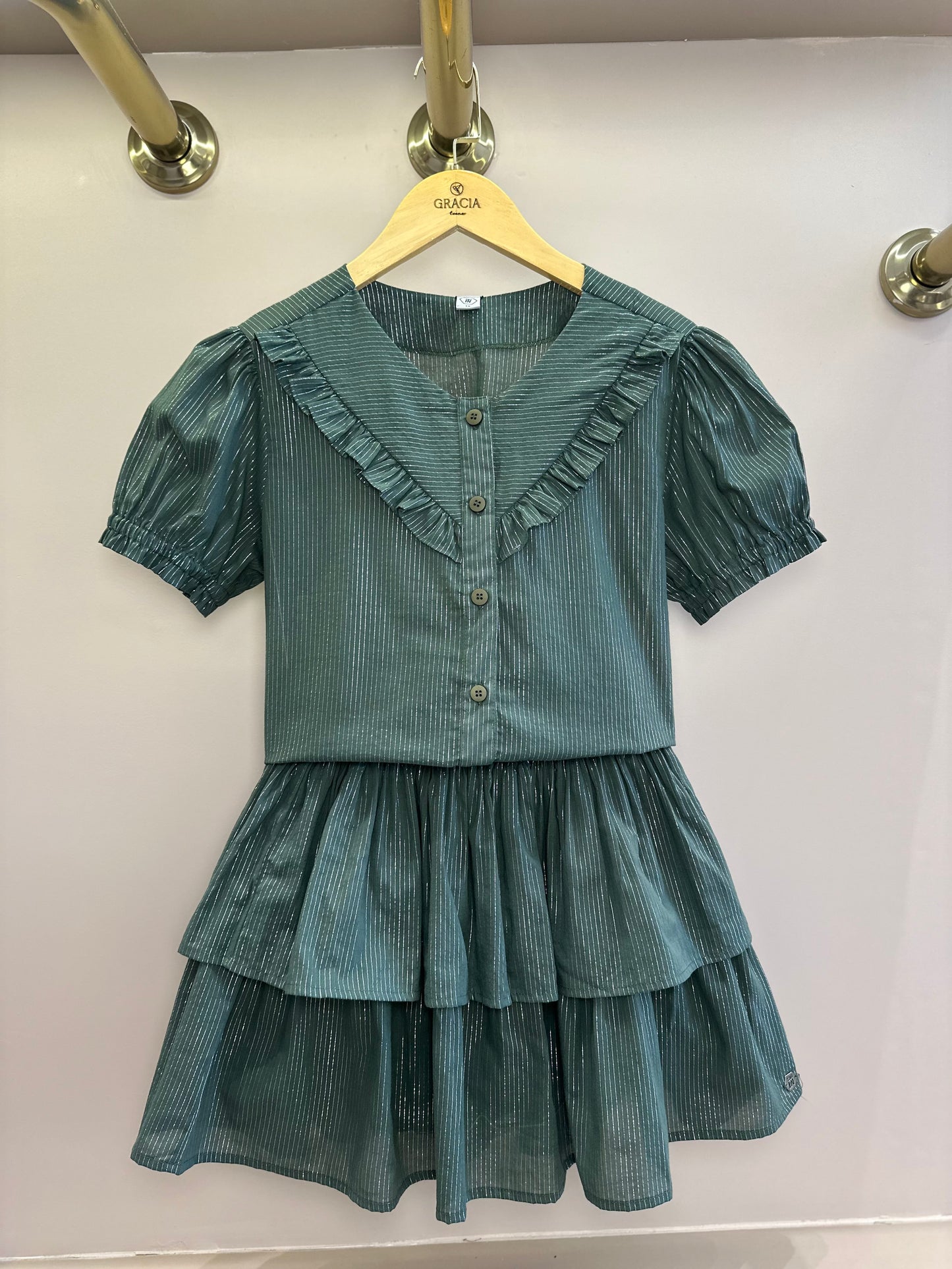 Conjunto Teen Blusa e Shorts Voil Lurex Verde Oliva - Two In