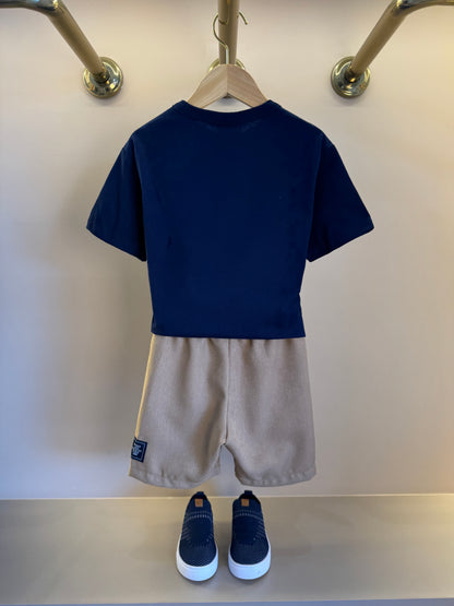 Conjunto Infantil Camiseta Ursinho College e Bermuda Bege - Youccie