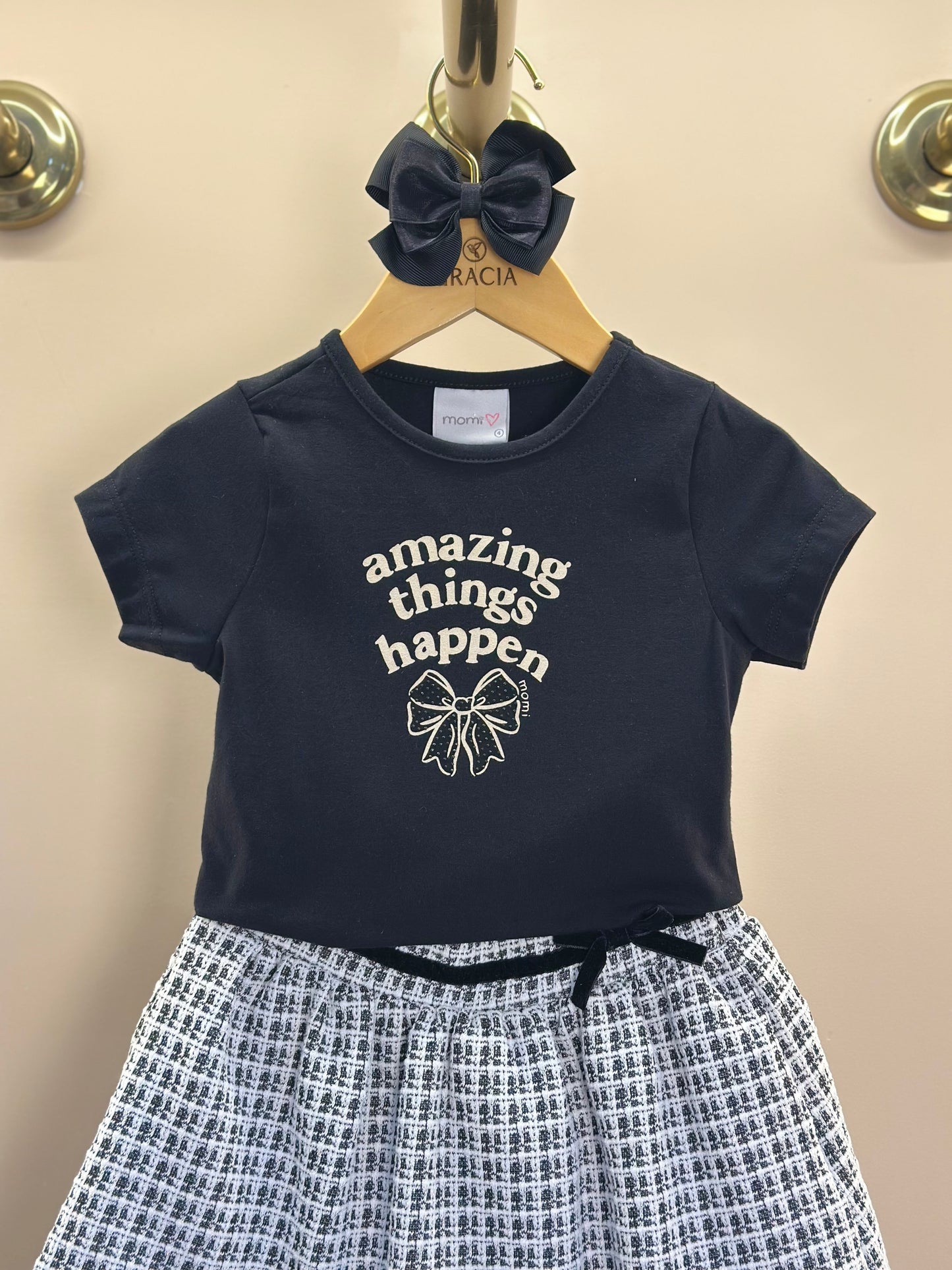 Conjunto Infantil Blusa Amazing Things Happen e Saia Tweed Preto - Momi