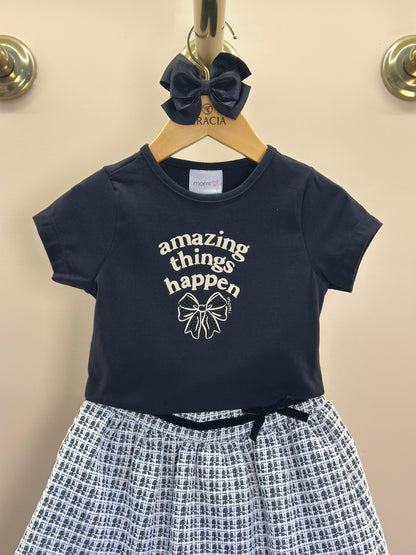 Conjunto Infantil Blusa Amazing Things Happen e Saia Tweed Preto - Momi