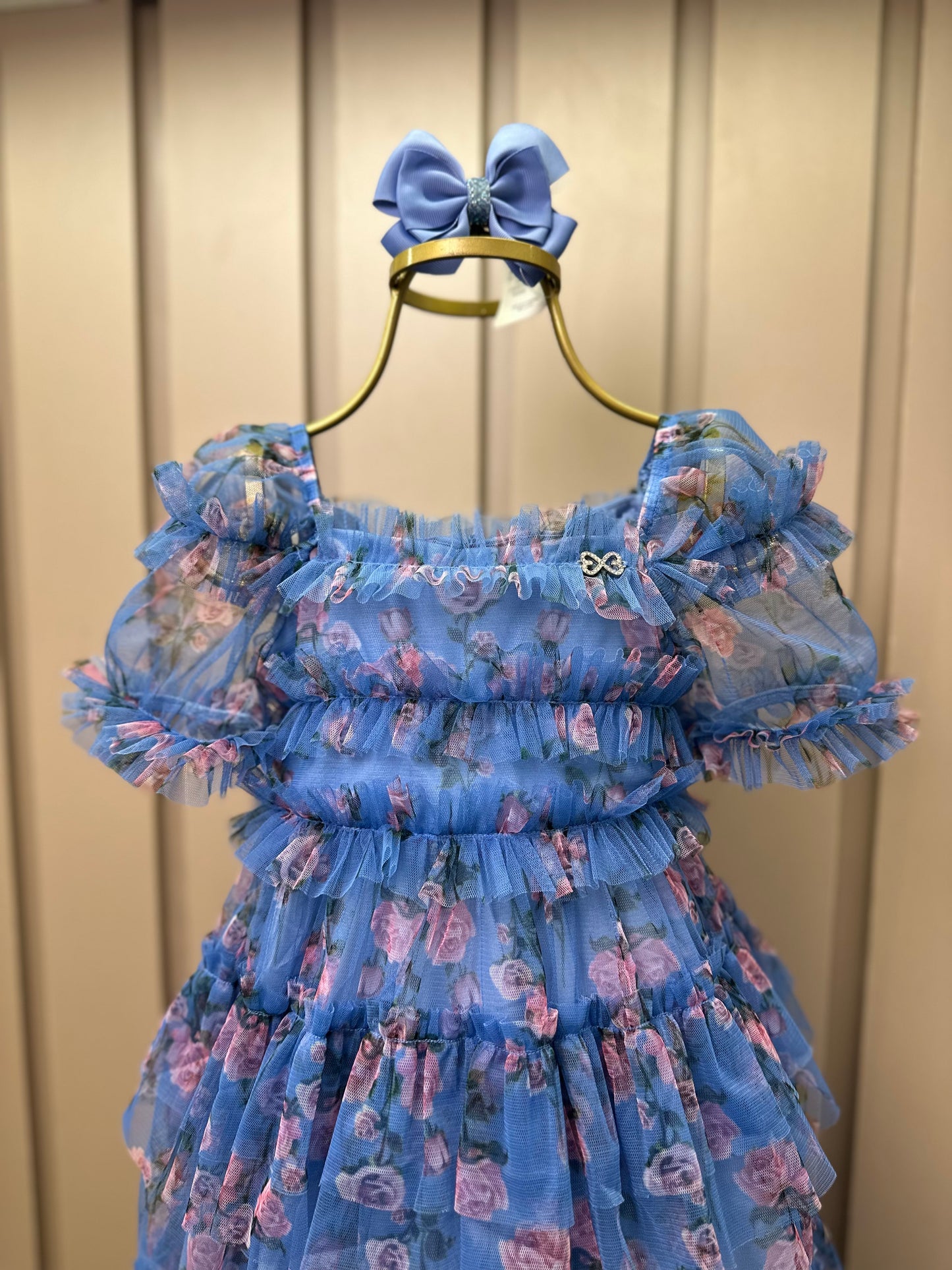 Vestido Infantil Midi Tule Floral Azul Babados - Luluzinha