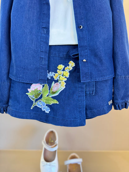 Conjunto Infantil Trio Blusa Gola Laise Removível, Camisa Jeans Leve ML Gola Bordada e Shorts-Saia Jeans Bordada Flores - Luluzinha