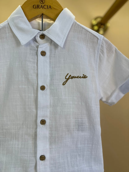 Conjunto Infantil Camisa Off White e Bermuda Caramelo - Youccie