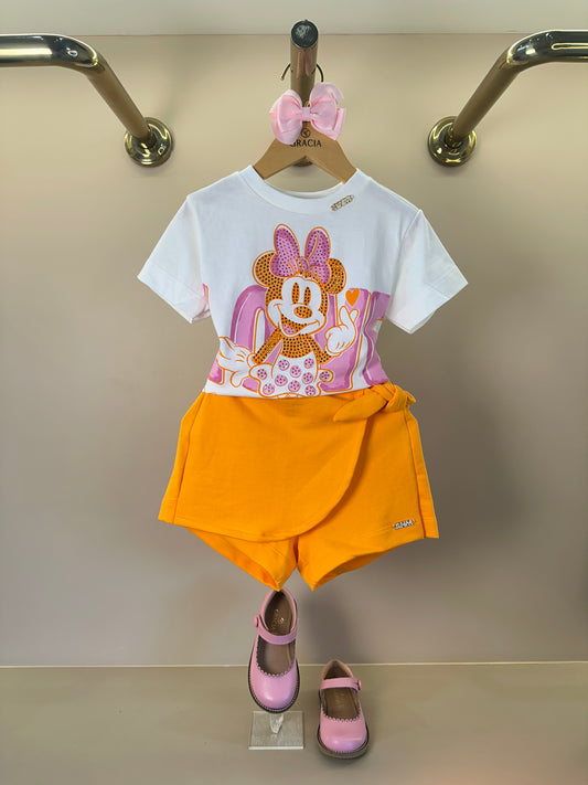 Conjunto Infantil Blusa Minnie Love e Shorts Saia Laranja Com Sobreposição - Animê