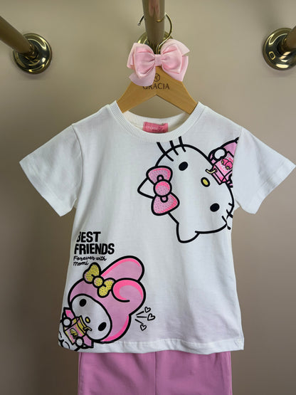 Conjunto Infantil Blusa Hello Kitty e My Melody e Shorts Legging Ciclista Rosa - Momi