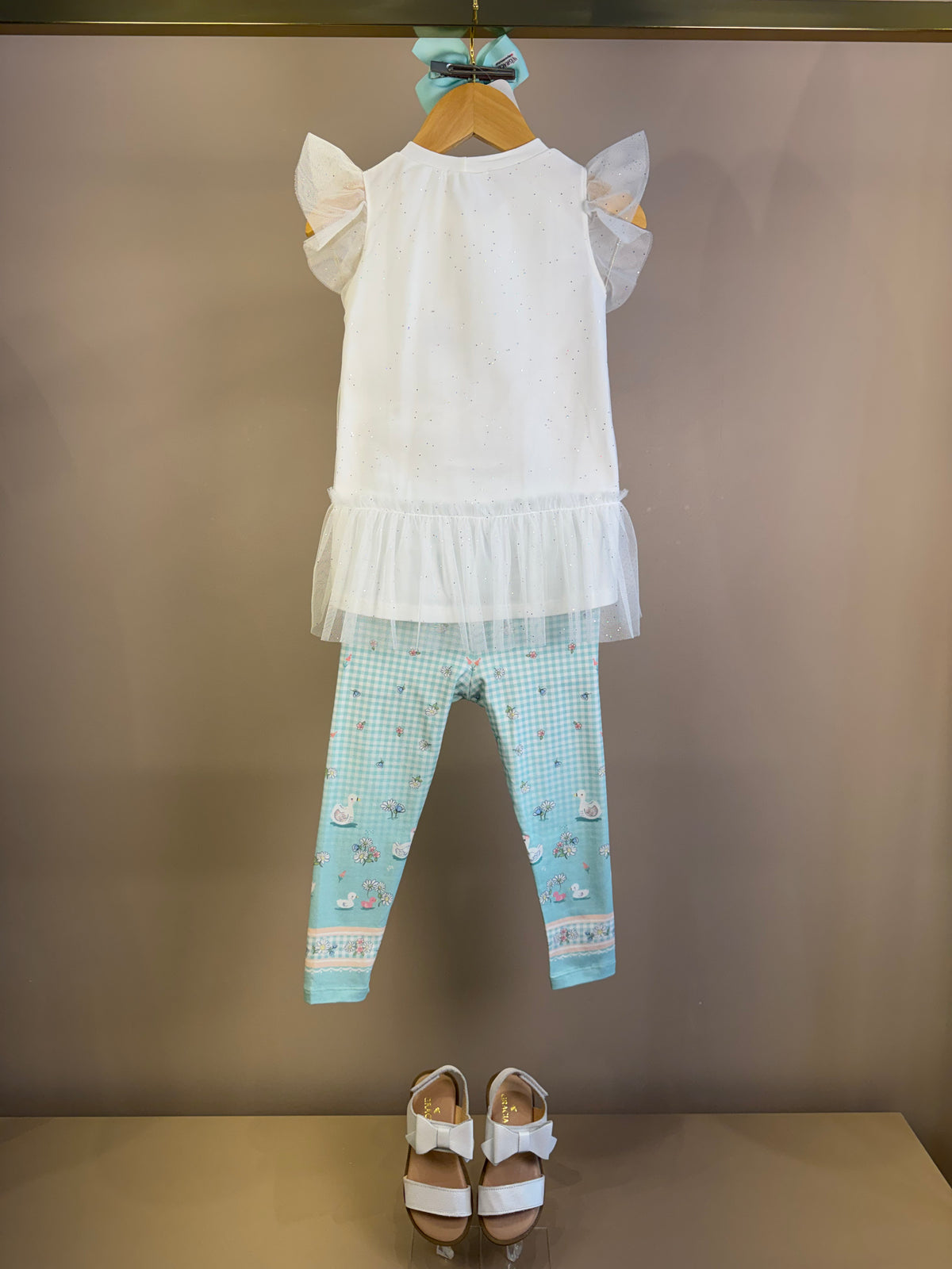 Conjunto Infantil Blusa Mangas Tule e Calça Azul Quadriculada - Petit Cherie
